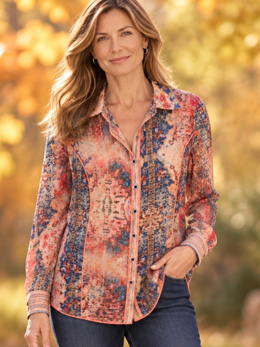 John Mark Mixed Print Embroidered Back Button Blouse Small